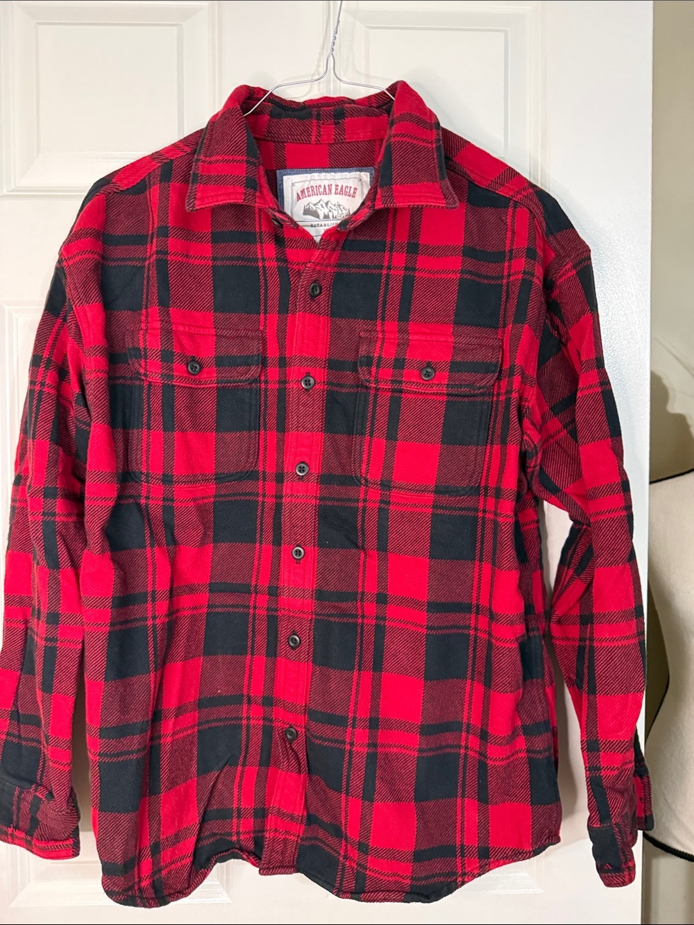 American Eagle Outfitters Red and Black Plaid Flannel Button-Down Shirt